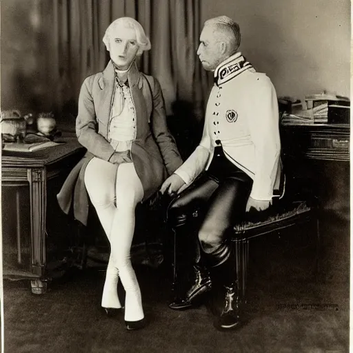 Image similar to Platinum-blonde-haired hime-cut blue-eyed French empress wearing white leggings, black jacket, boots, sitting in office, Bolshevik officer standing next to her, talking