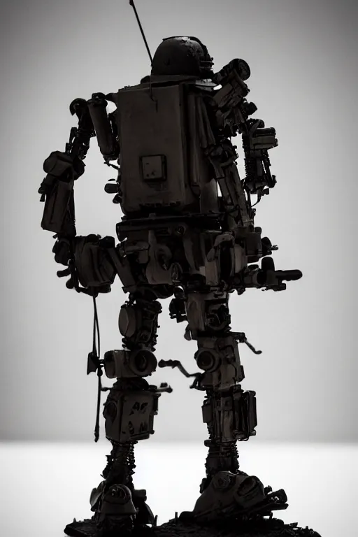 Image similar to a cinematic photo shot of a beautiful 1 : 6 scale threea toys figurine by ashley wood, world war one robot,, intricate dark background, dramatic light