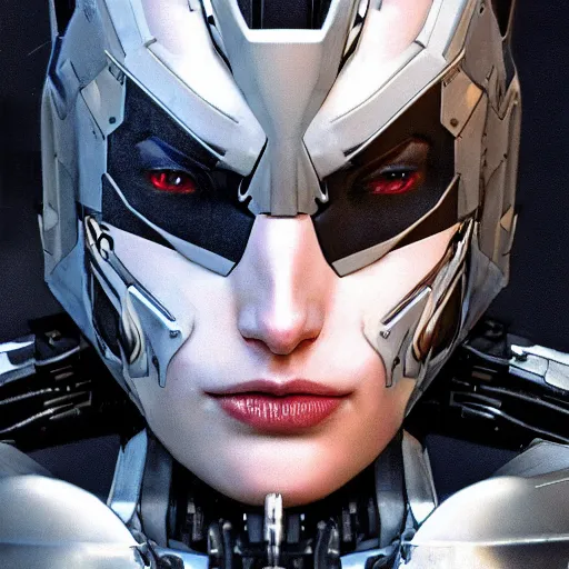 Image similar to a female transformer with a crown, black eyes, very symmetrical face, highly detailed, widow maker, by vitaly bulgarov, by yoji shinkawa, by joss nizzi, by ben procter, by steve jung, metal gear solid, transformers cinematic universe, artstation, unreal engine