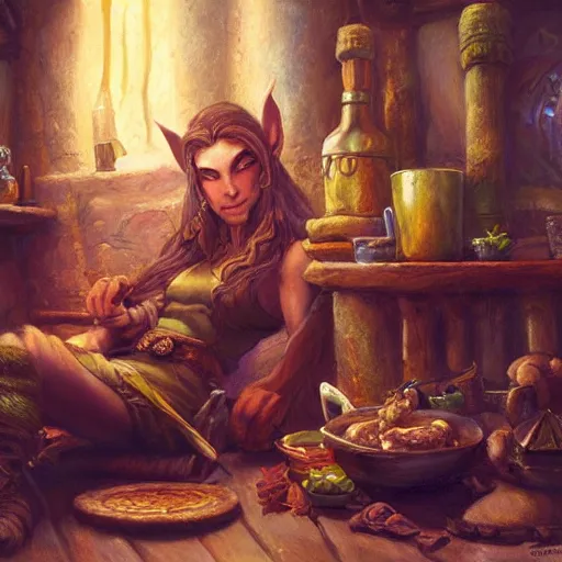 Prompt: an elven warrior resting in a tavern, oil painting by justin gerard, deviantart