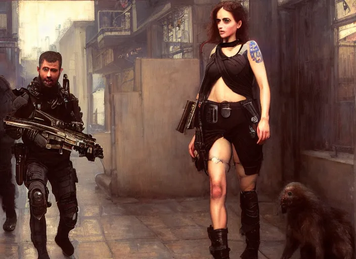 Image similar to sophia evades sgt Nash. Cyberpunk thief wearing combat vest escaping menacing police troopers (blade runner 2049). Gorgeous face. Iranian orientalist portrait by john william waterhouse and Edwin Longsden Long and Theodore Ralli and Nasreddine Dinet, oil on canvas. Cinematic, hyper realism, realistic proportions, dramatic lighting, high detail 4k