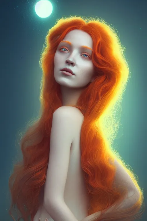 Image similar to Bioluminescent, portrait of redhead woman, very intricate , very elegant, in the golden hour by Daniel Merriam, Trending on Artstation, oil on Canvas by Elena Zhurikhina and Goro Fujita and Charlie Bowater, octane render, 4k, 8k, HD