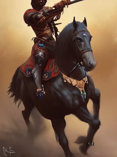 Prompt: painting of a black female zulu warrior riding a horse, highly detailed painting, realistic, symmetrical, illustration, artstation, in the style of frank frazetta, krenz cushart, artem demura