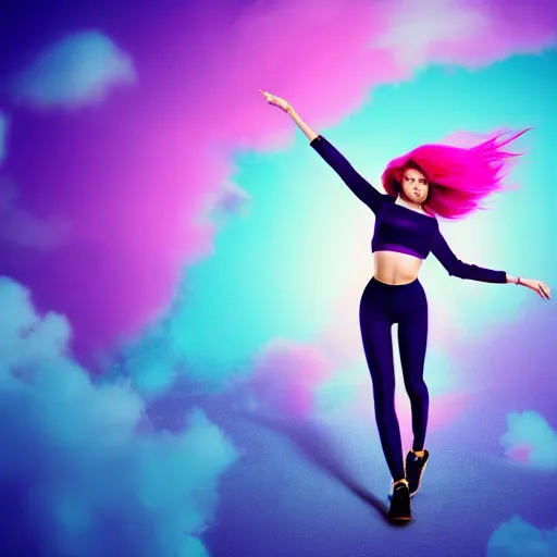 Prompt: a award winning full body shot of a beautiful woman in a croptop with a ombre purple pink teal hairstyle with head in motion and hair flying, gloves, outrun, vaporware, vivid colors, highly detailed, fine detail, intricate