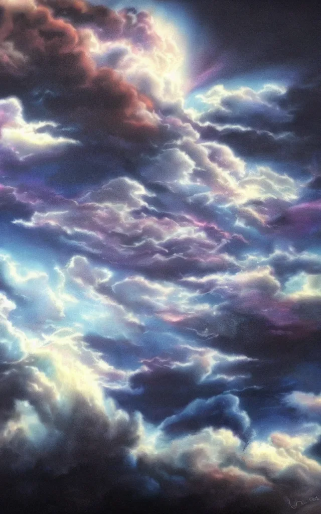 Prompt: 80s airbrushed sky with dramatic clouds black background, airbrush fantasy, masterpiece