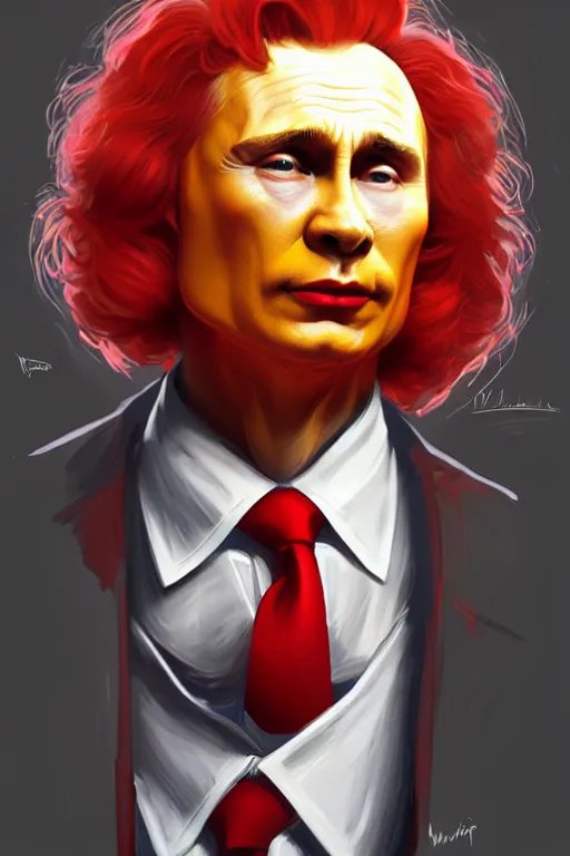 Image similar to vladimir putin as ronald mcdonald, 2 d portrait, symmetrical, highly detailed, digital painting, artstation, concept art, smooth, sharp focus, illustration, cinematic lighting, art by artgerm and greg rutkowski and alphonse mucha