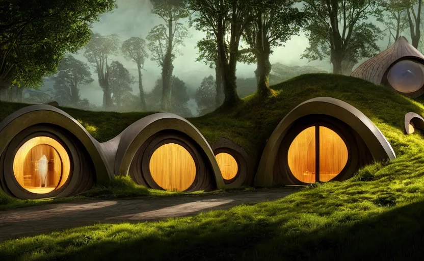 Image similar to exterior shot of hobbit houses at bag end shire in utopian architecture transparent building with cinematic lighting by zaha hadid and renzo piano, darek zabrocki and greg ruthkowski, alphonse mucha, simon stalenhag, cinematic, stars, beautiful, holy place, paradise, scifi, futurism, atmospheric, concept art, artstation