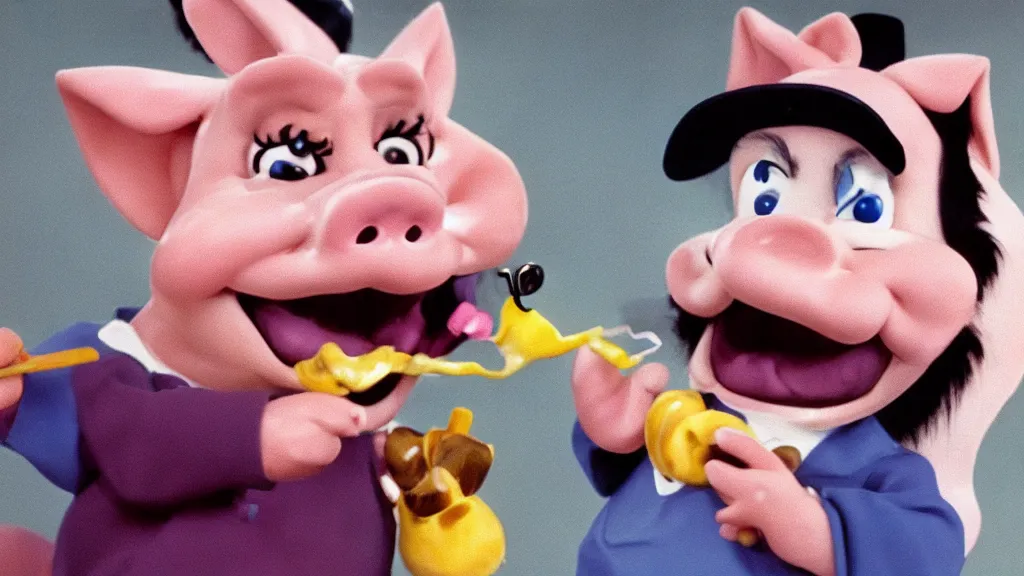 Image similar to found footage of Porky Pig eating glue, hyperrealistic