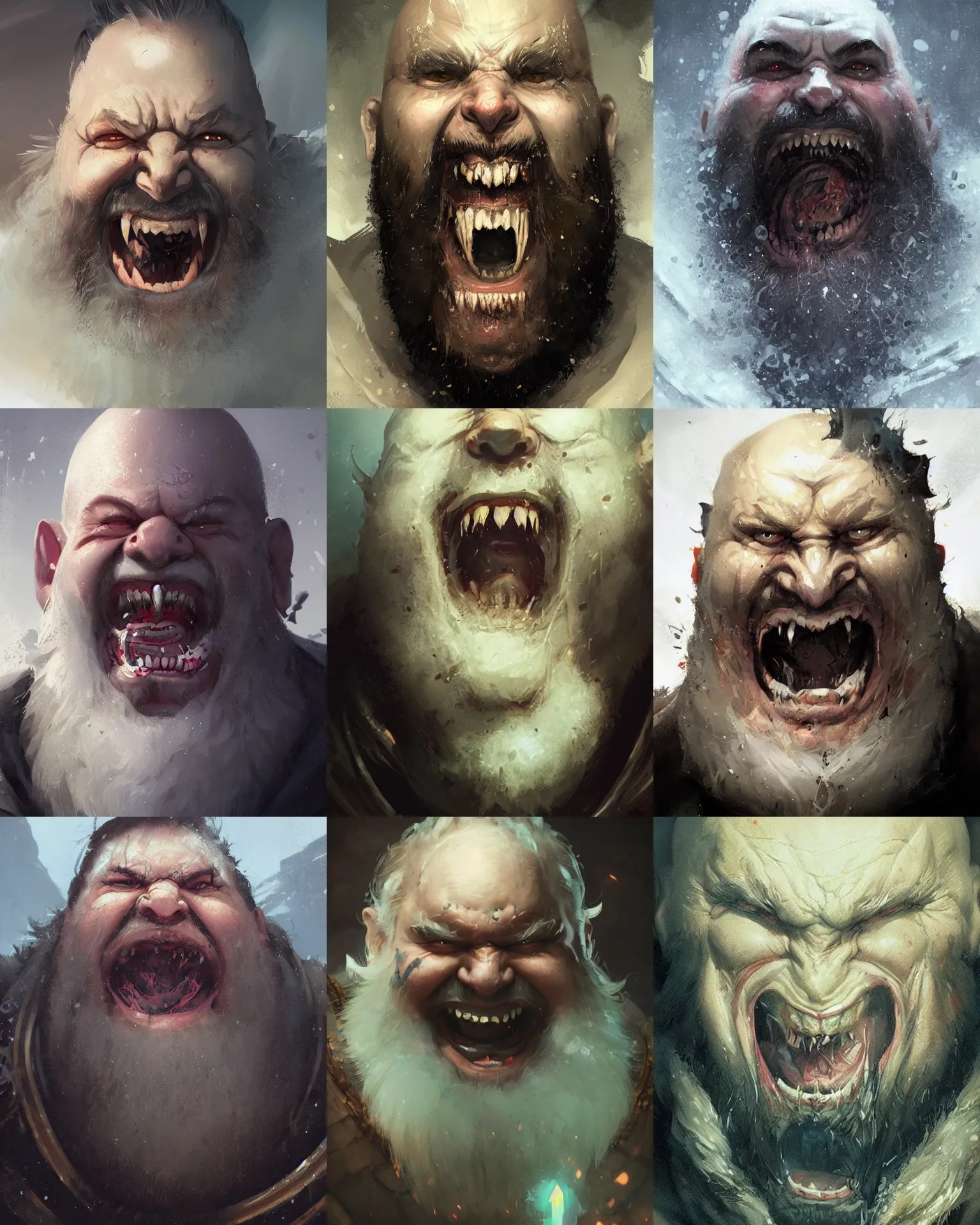 Prompt: closeup portrait of an evil dwarven necromancer, manic, laughing, sunken cheeks, white beard, art by greg rutkowski