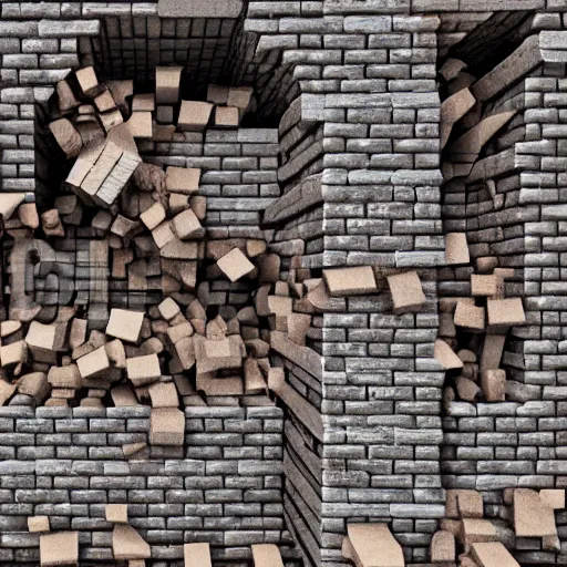 Prompt: a stock photo image of a render of a wall collapsing brick by brick