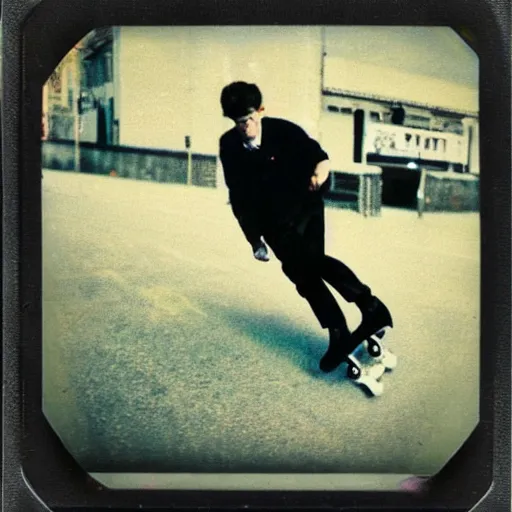 Prompt: vintage polaroid photograph of a man skating on a sidewalk, heavy motion blur