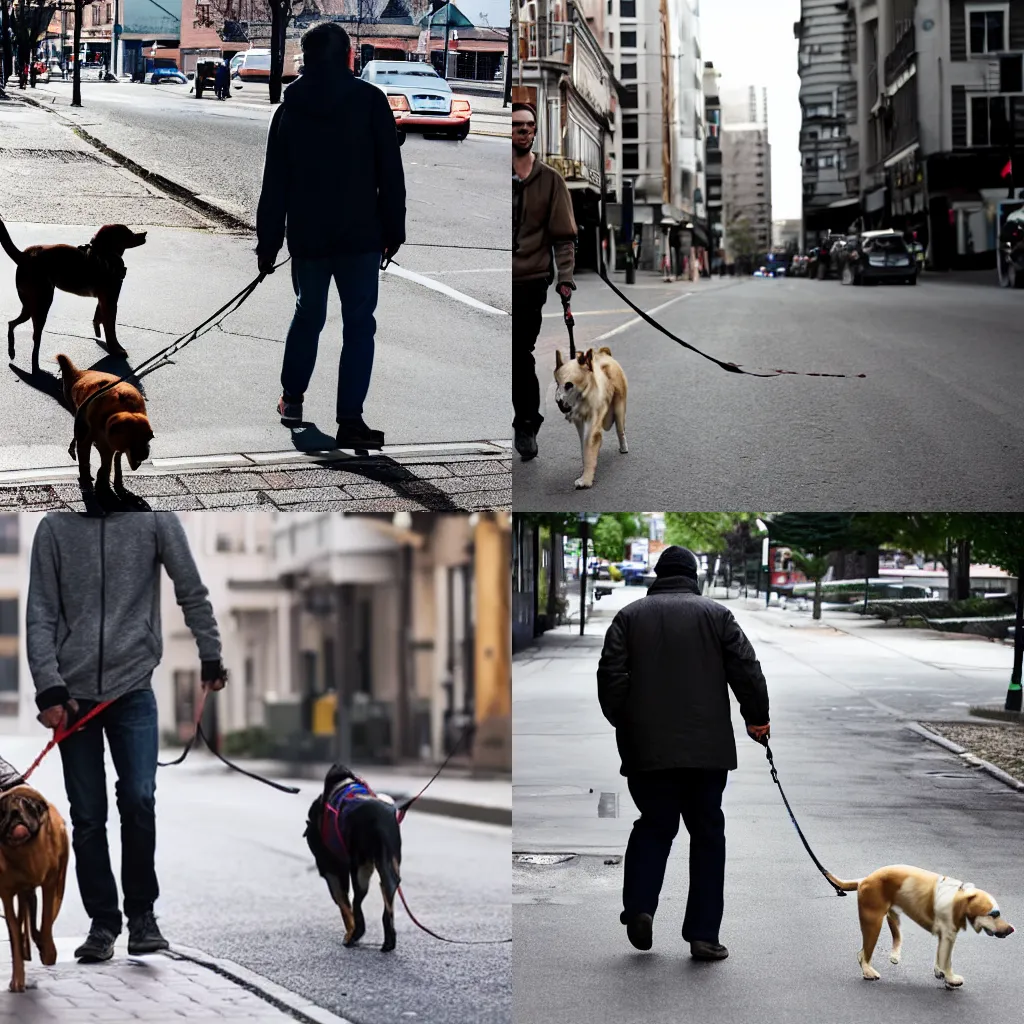 Prompt: a man walking a dog on the street.