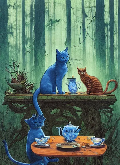 Image similar to cat having tea with a witch at a shrine in the woods gorgeous lighting, lush forest foliage blue sky a hyper realistic painting by chiara bautista and beksinski and norman rockwell and greg rutkowski weta studio, and lucasfilm