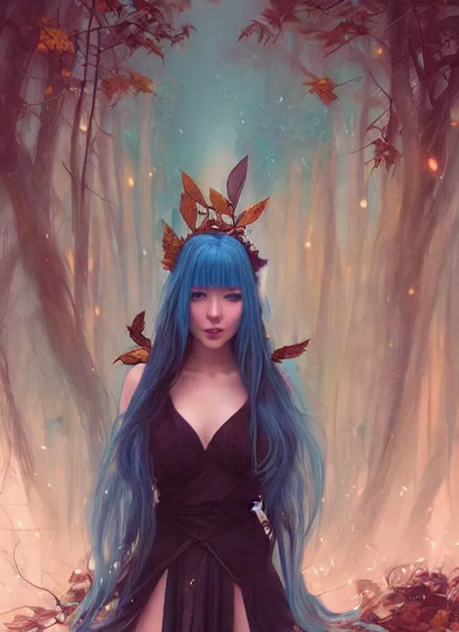 Image similar to stunningly beautiful female blue hair, dj sura face, fantasy art, fae priestess, lush forest landscape, dark light night, sharp focus, digital painting, 8 k, concept art, art by wlop, artgerm, greg rutkowski and alphonse mucha