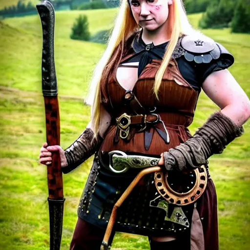 Prompt: full shot photo of a real-life steampunk female viking with an axe