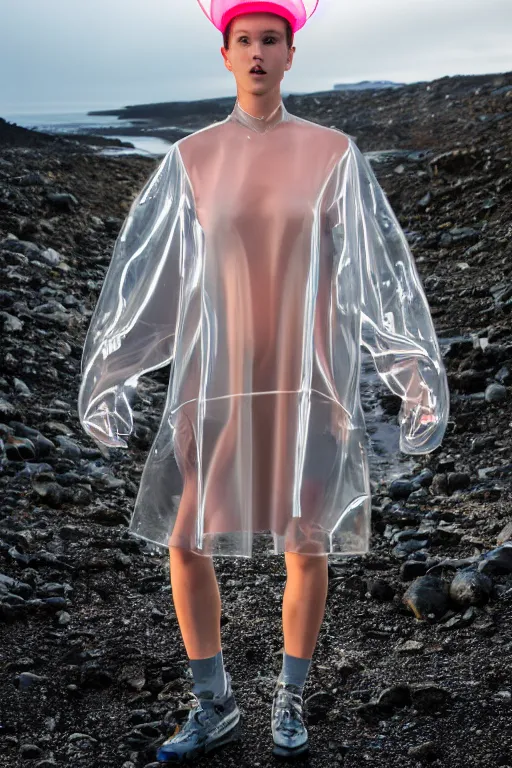 Image similar to an ultra high definition professional high fashion portrait studio full length photograph of a model wearing a transparent pearlescent raincoat and neon visor in an icelandic black rock environment at dawn. no artefacts. extremely detailed. stark. refraction. shallow depth of field. volumetric light and shadow. ray tracing. light rays.