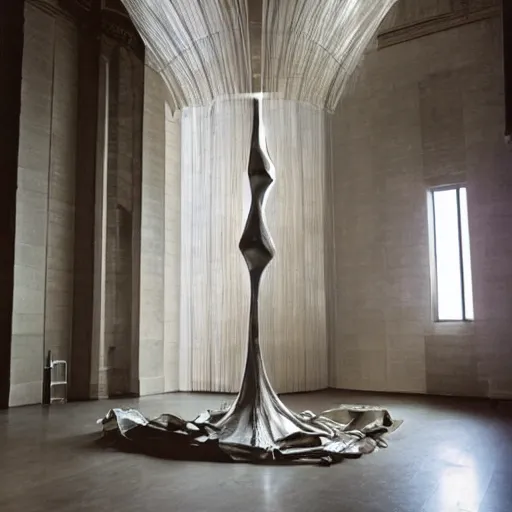 Image similar to giant Italian modern castle living room, clean minimalist design, that is 1300 feet tall, a sculpture installation of a series of 8 feet tall modern mirror finish, smooth, organic shaped sculptures by John Chamberlain, photo by Annie Leibovitz