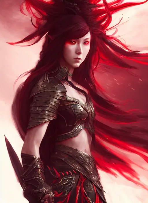 Prompt: Half-body portrait an elven warrior princess with black and red hair. In style of Hyung-tae Kim and Greg Rutkowski, concept art, trending on ArtStation, Korean MMORPG, over-detailed art, 8K, epic, dynamic lightning, dramatic pose.
