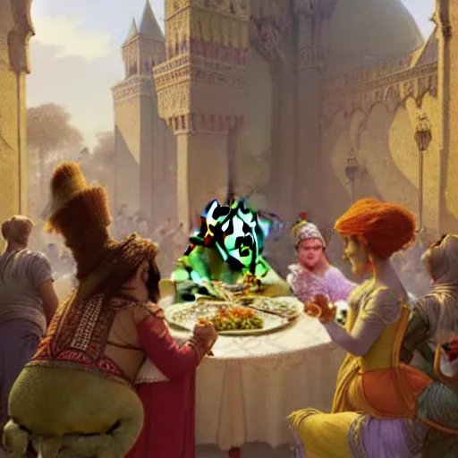 Image similar to shrek eats couscous with his family at a moroccan festival while everyone dances in joy, highly detailed, digital painting, artstation, concept art, sharp focus, illustration, art by greg rutkowski and alphonse mucha