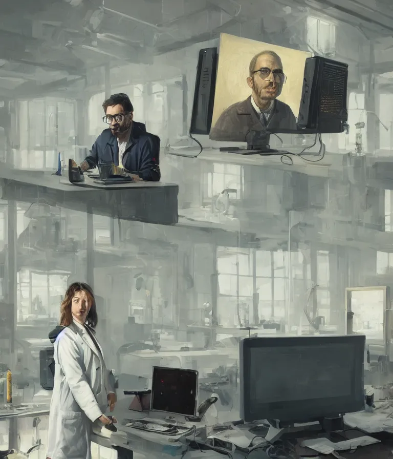 Image similar to a cloes up portrait of a researcher in a white coat in front of a computer and screens in a painting from stalenhag, 4 k, 8 k, hdr, artstation