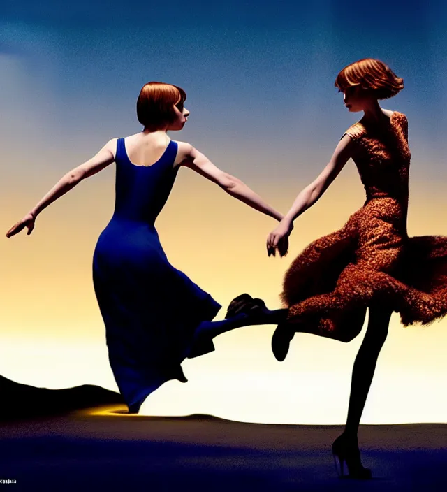 Image similar to la la land unseen film scene of gaz station by night starring seductive actress doing steps dancing and dressed by an organic looking dress from designer * iris van herpen *, with stylish colorfull makeup. intriguing soft back lighting, highly detailed, skin grain detail, photography by paolo roversi, nick knight