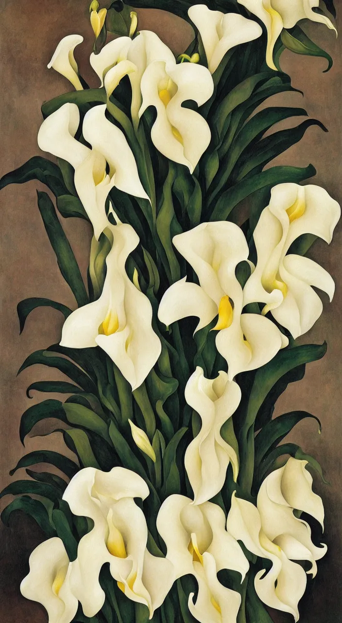 Image similar to portrait of a cream colored havanese dog with a bouquet of calla lillies, mexico, painting by diego rivera realism aztec modernism 1 9 3 5