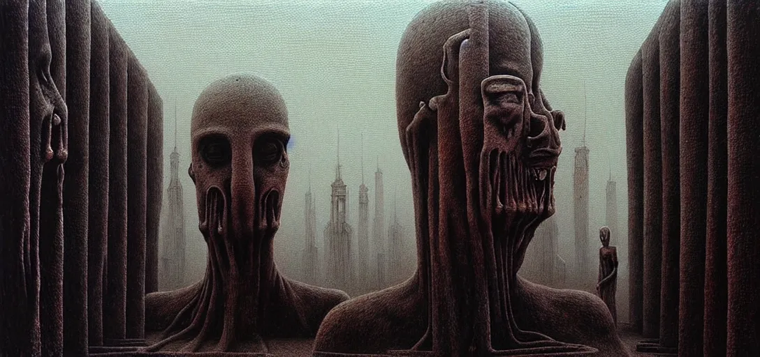 Image similar to highly detailed horror dystopian surreal painting of eerie head statues and buildings by zdzisław beksinski, creepy, atmospheric, unsettling