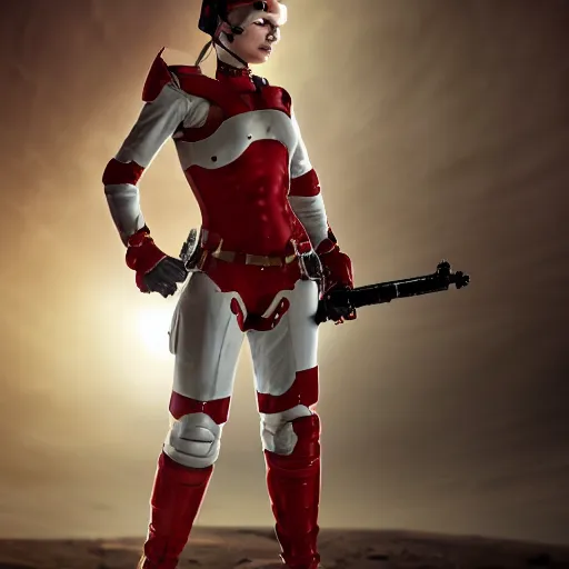 Image similar to a young female soldier, no makeup, wearing glossy sleek white bloodstained dinged scuffed armor and a long torn red cape, heroic posture, determined expression, elegant, no helmet, on the surface of mars, dramatic lighting, cinematic, sci-fi, hyperrealistic, detailed