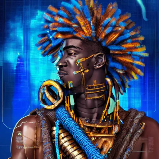 Prompt: a realistic portrait of the african god of the war and technology ogun with cyberpunk and afrofuturist weapons wearing blue, highly detailed, afrofuturist, cyberpunk, photorealistic.