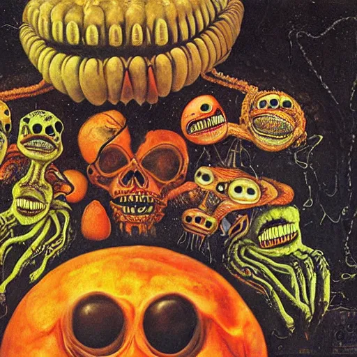 Image similar to album cover, aliens, black, white, orange, psychedelic, giuseppe arcimboldo