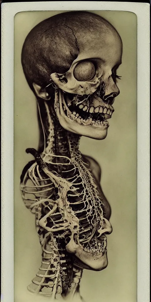 Image similar to an 1 9 1 0 polaroid photography of a very sad and detailed rotten woman corpse with fractal ornate growing around her face muscles, veins, arteries, bones, anatomical, skull, eye, ears, full body, intricate, surreal, ray caesar, john constable, guy denning, dan hillier, black and white