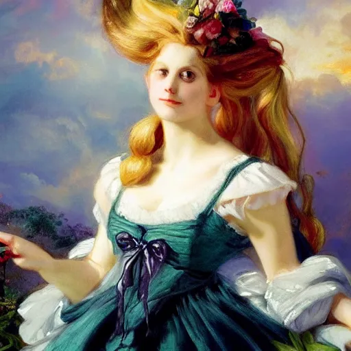 Prompt: Alice in Wonderland,a portrait of a beautiful blond hair girl,Diamonds Blaze,Rose twining,luxuriant,dreamy, eternity, romantic,highly detailed,in the style of Franz Xaver Winterhalter, highly detailed,night lighting