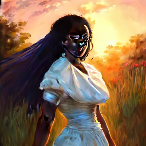 Image similar to a Photorealistic dramatic hyperrealistic bright blue eyes, African American elegant girl, black hair, white veil,by WLOP,Artgerm,Greg Rutkowski,Alphonse Mucha, Dang My Linh, Beautiful dynamic dramatic bright sunset lighting,shadows,cinematic atmosphere,Artstation,concept design art,Octane render,8k, garden