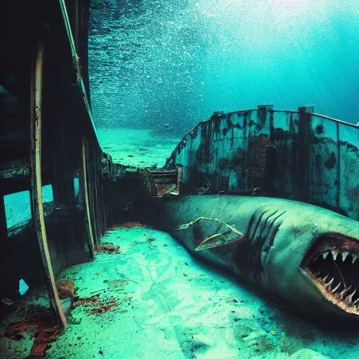 Prompt: abandoned rusty underwater theme park, surreal, horror, eerie, creepy, murky water, underwater, underwater photography, dark, submechanophobia, distant shark,