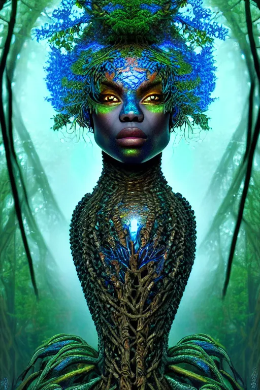 Image similar to hyperrealistic post - lowbrow super gorgeous! black woman with exoskeleton armor, merging with tree in a forest, highly detailed digital art masterpiece smooth cam de leon hannah yata dramatic pearlescent blue teal light ground angle hd 8 k sharp focus