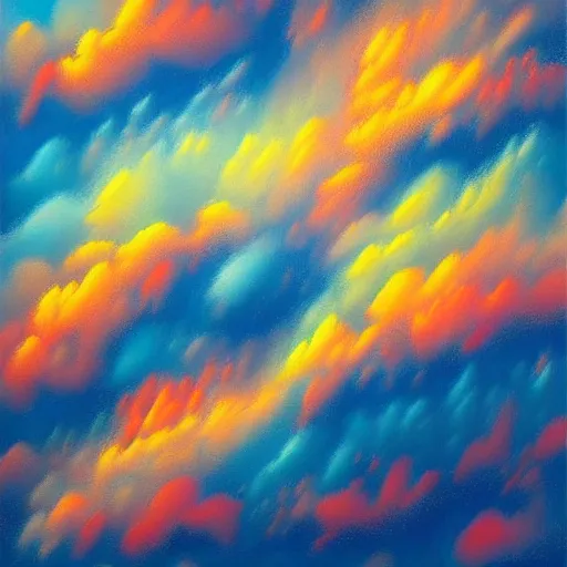 Image similar to beautiful matte airbrush of an abstract composition with defined sharp and glossy metallic elements mixed with fluffy fuzzy clouds, inspired by 8 0's airbrush illustrations, art by pater sato