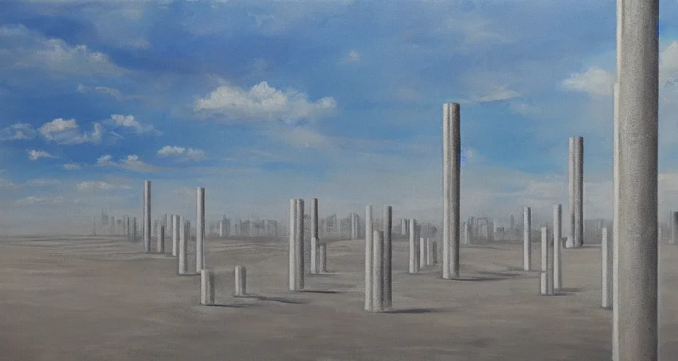 Image similar to world of only concrete, a flat endless plane of concrete covered in thin, very tall concrete pillars that go on to the horizon, open sky, blue sky with clouds, god rays, beautiful painting, oil on canvas, by Ewa Czarniecka, award winning masterpiece,