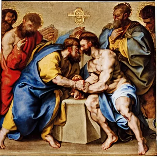 Prompt: the pope arm wrestling Jesus, 24mm Peter paul Rubens