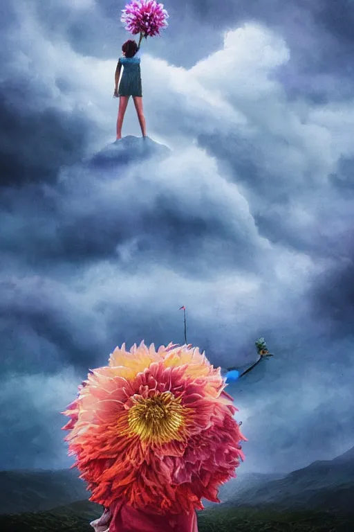 Image similar to closeup girl with giant dahlia flower head, standing on mountain, surreal photography, blue storm clouds, dramatic light, impressionist painting, digital painting, artstation, simon stalenhag