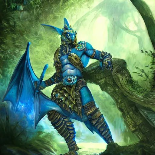 Image similar to A dragonborn with blue scales in a rainforest, trending on artstation, digital art