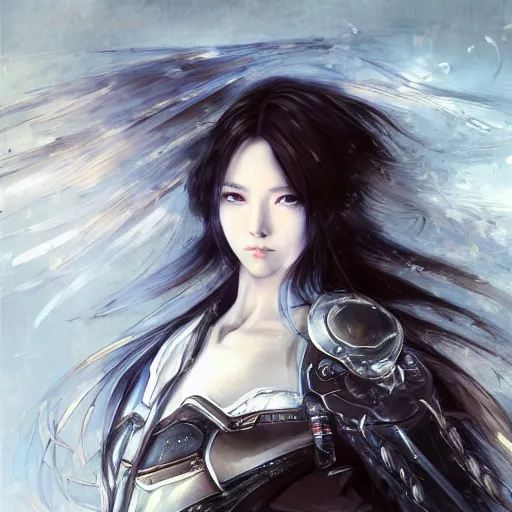 Image similar to Soft oil portrait with broad brush strokes of an anime girl with a long white hair wearing Elden Ring armour with engraving in the style of Yoji Shinkawa, expressive brush strokes, hairs fluttering on the wing, noisy film grain effect, highly detailed, Renaissance oil painting, weird portrait angle, blurred lost edges, three quarter view