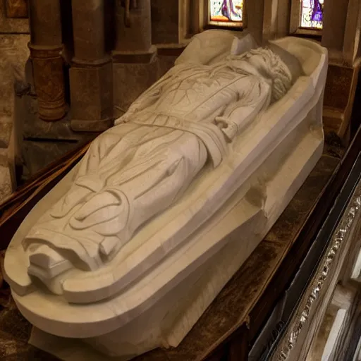 Image similar to top down view the sarcophagus of the medieval king danny devito, carved in alabaster, church interior, hd