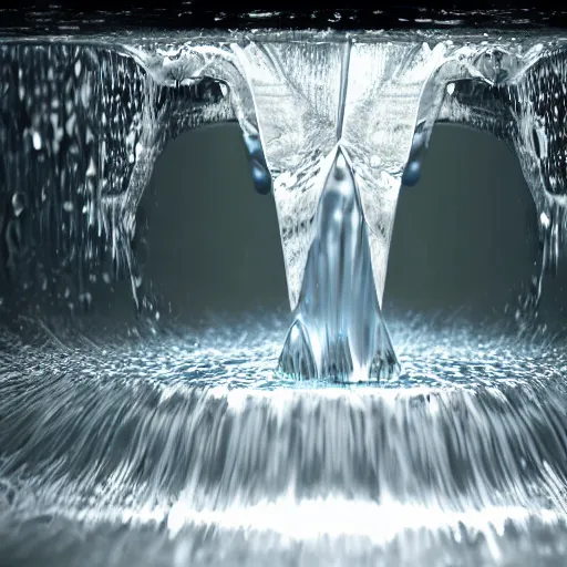 Prompt: water artwork manipulation inside the shape of an upside - down triangle under a waterfall, ray tracing, realistic water, focus, long shot, 8 k resolution, cinematic, water art photoshop