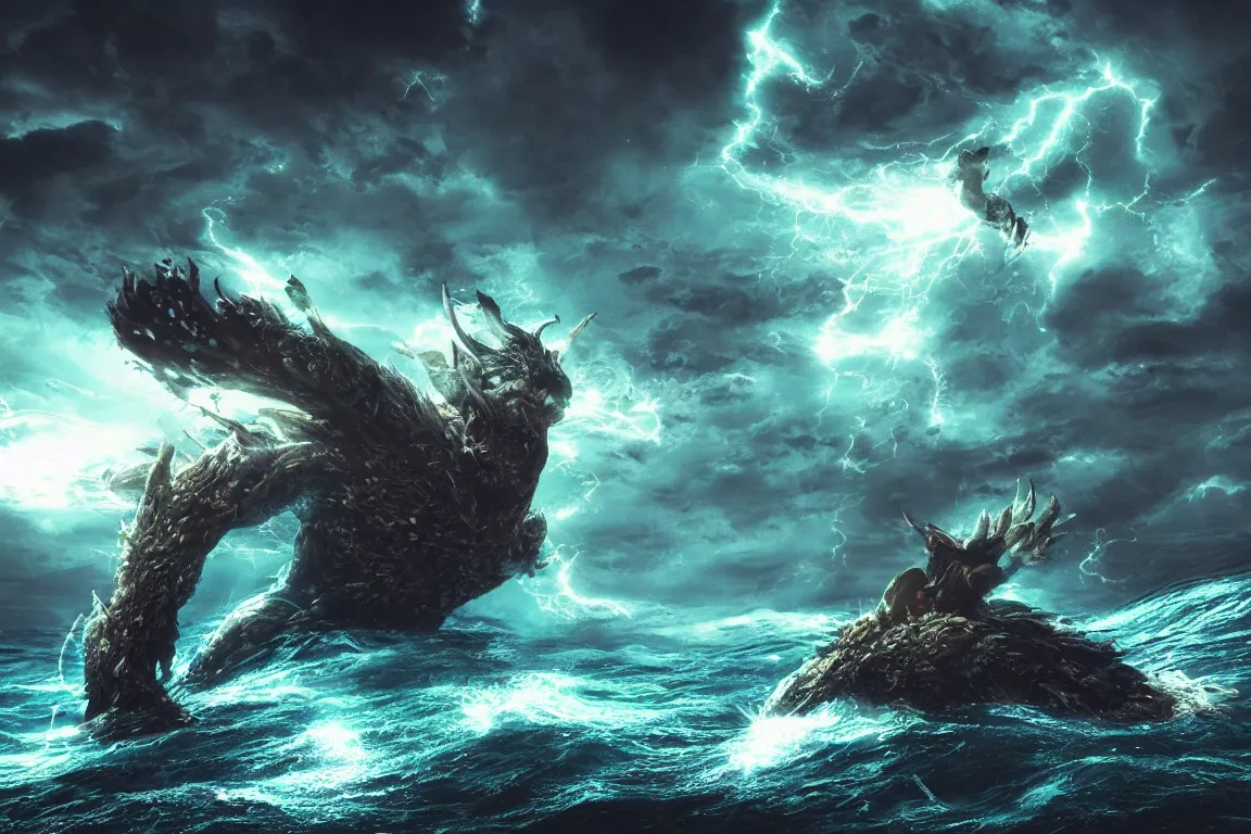 Image similar to colossal shaman god destroying very living thing in the ocean, cast across the night sky, 8 k, ultra realistic, lens flare, atmosphere, glow, detailed, intricate, full of colour, cinematic lighting, trending on artstation, 4 k, hyperrealistic, focused, extreme details, unreal engine 5, cinematic, masterpiece