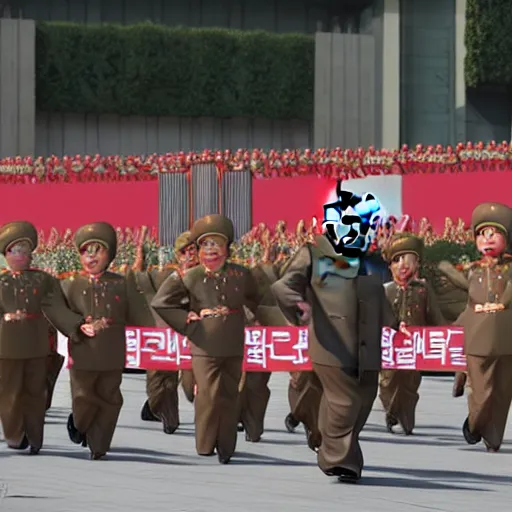 Image similar to screaming kim jong un doll leading a parade of himself octane render