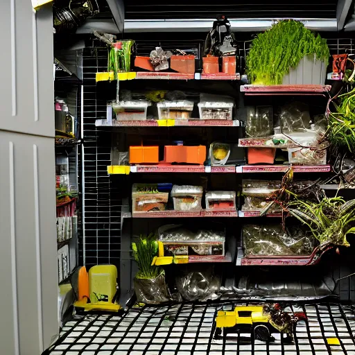 Image similar to garage with carnivorous plants on the shelves and packing peanuts on the floor, scene from tv show hyper detailed 5 5 mm 8 5 mm, low - light photography by tyler mitchell, made out of plastic