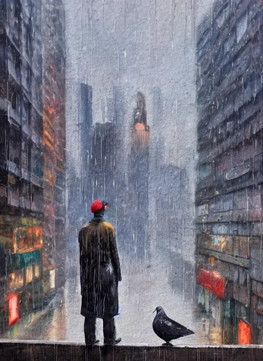 Prompt: oil painting of a lone pigeon in a futuristic city, portrait, raining, 4 k, detailed, realistic, gritty, buildings, streets, dystopian