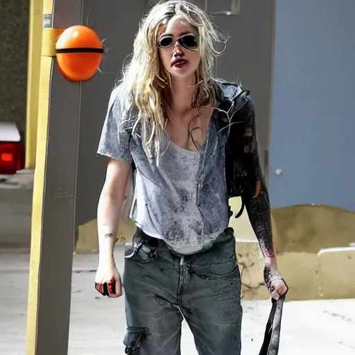 Image similar to a weathered Amber Heard in prison outfit in jail with prison tattoos all over her arms
