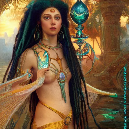 Image similar to octane render, artstation, 8 k, intricate detail, hyper detail, portrait by gaston bussiere, greg rutkowski, sandro botticelli, tan lady of elche egyptian sumerian techno mystic goddess princess intergalactica inanna with aqua neon rapunzel dreadlocks,