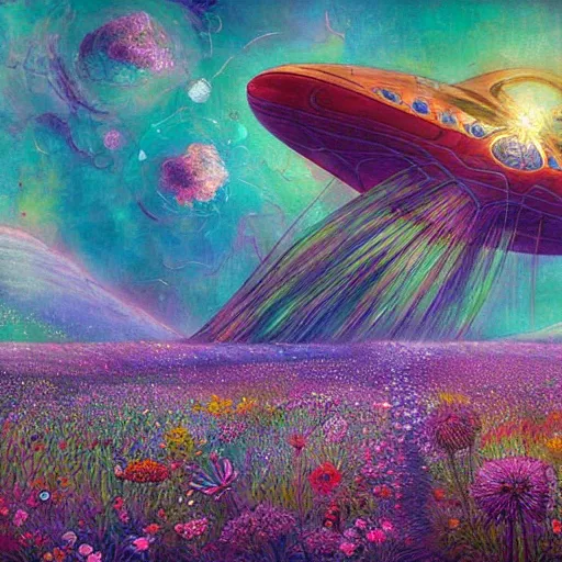 Prompt: a beautiful painting of a large spaceship shrouded by mystic nebula magic in a field of flowers by moebius and android jones